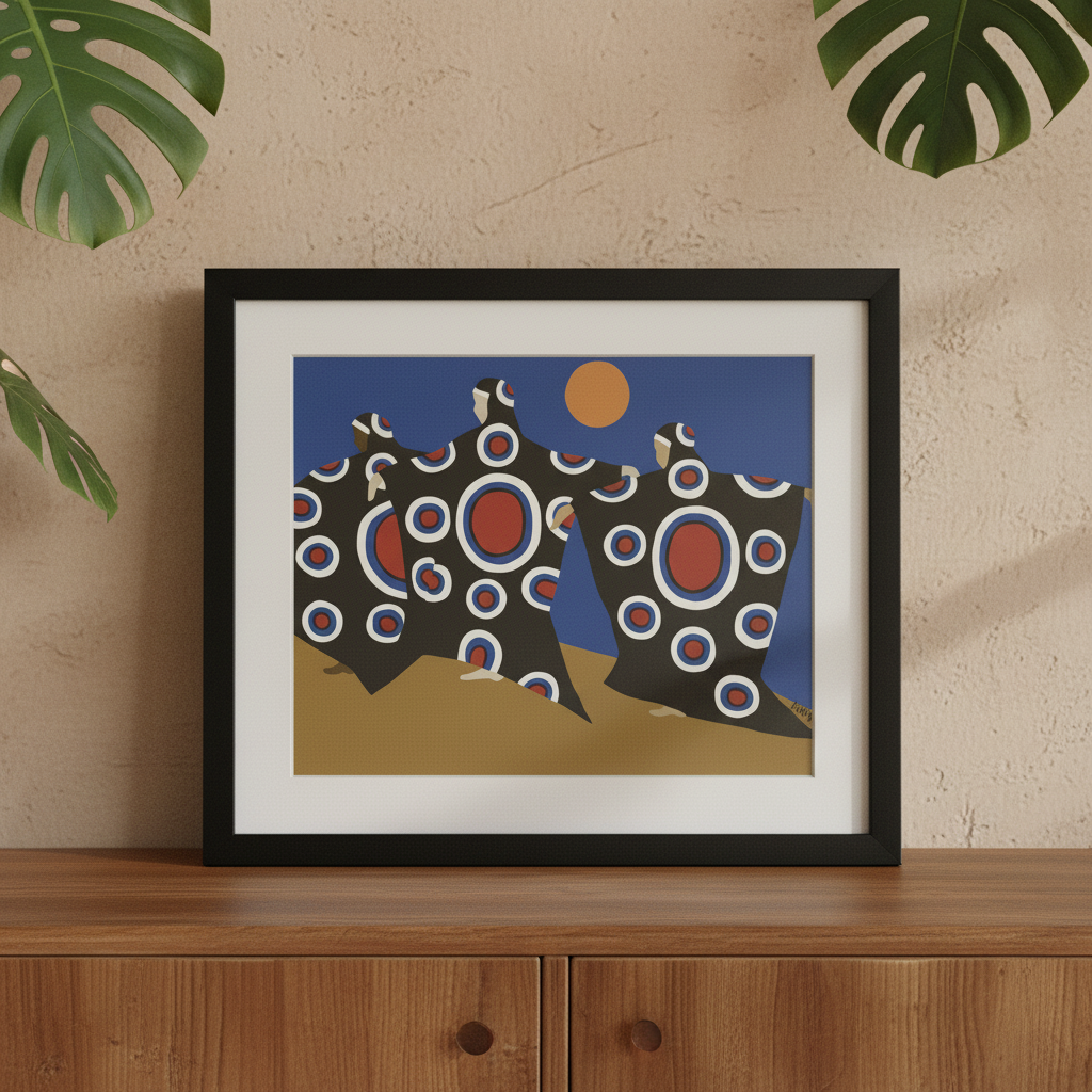 Dance of the Dougla framed giclee print on credenza, close-up — Caribbean heritage dance art