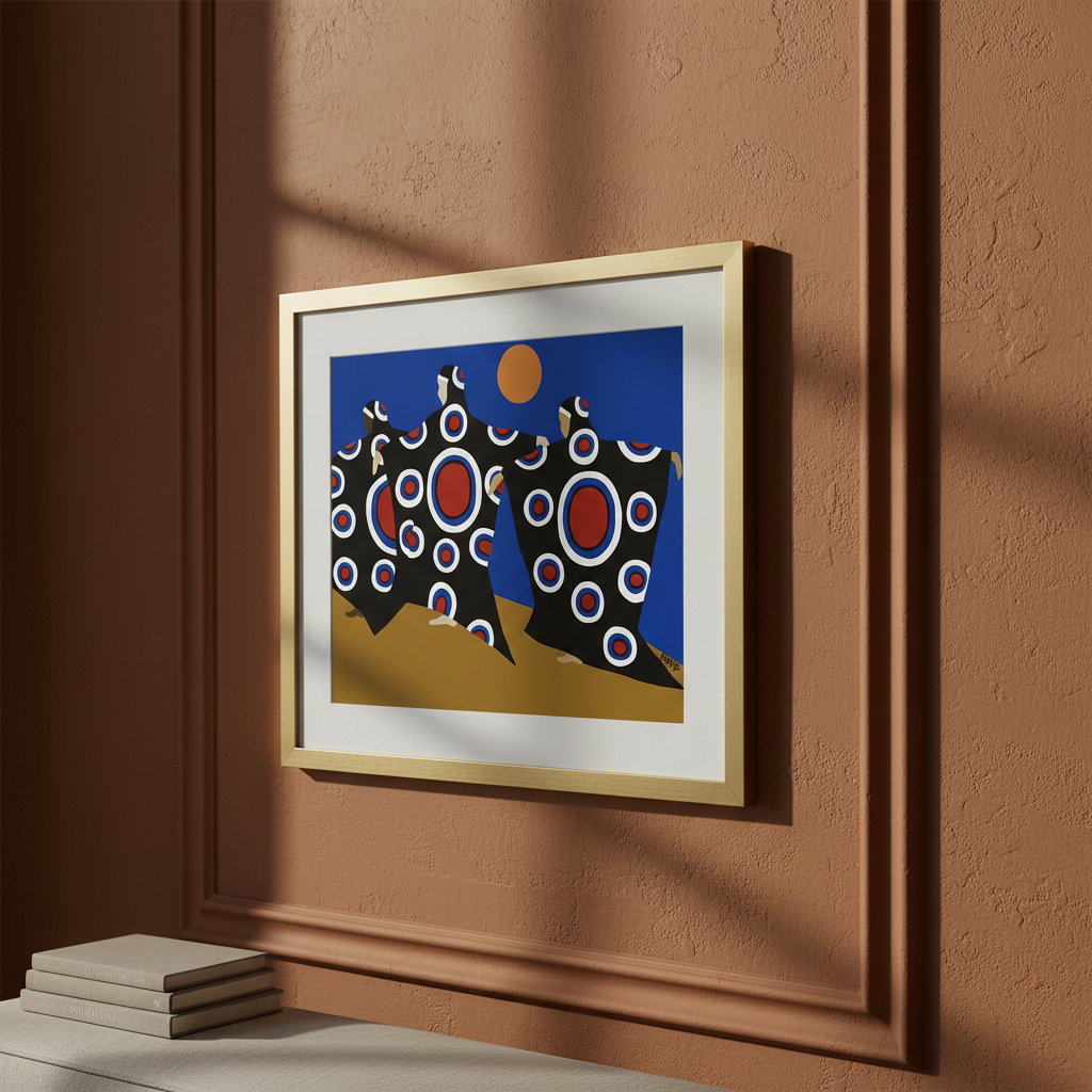 Dance of the Dougla framed giclee print against earth-tone plaster wall, walk-by view — Caribbean heritage dance art