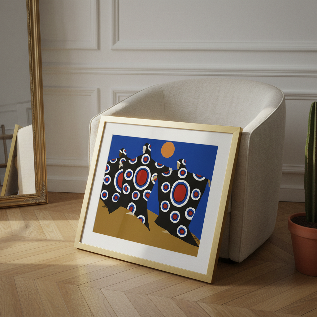 Dance of the Dougla framed giclee print in gold frame, chair lean Parisian styling, low-angle view — Caribbean heritage dance art