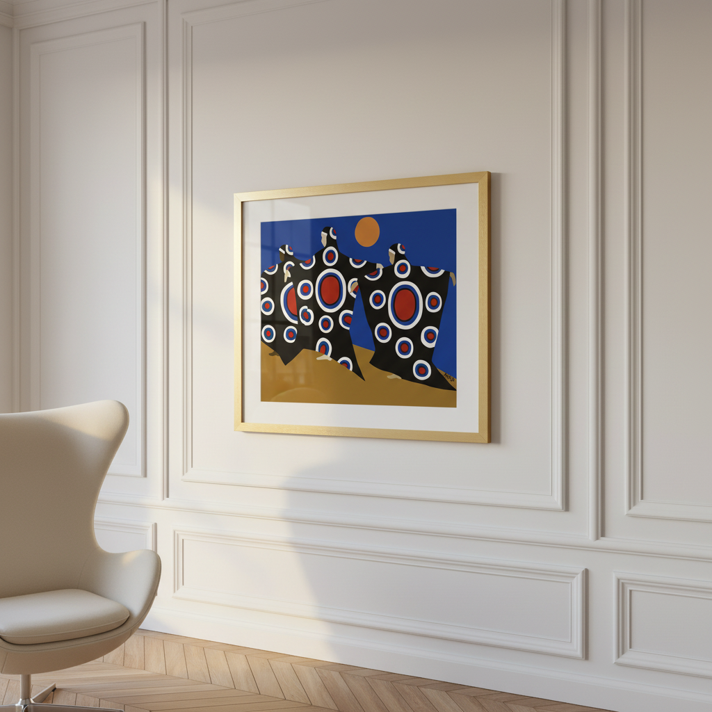 Dance of the Dougla framed giclee print, Parisian styling with egg chair, walk-by view — Caribbean heritage dance art