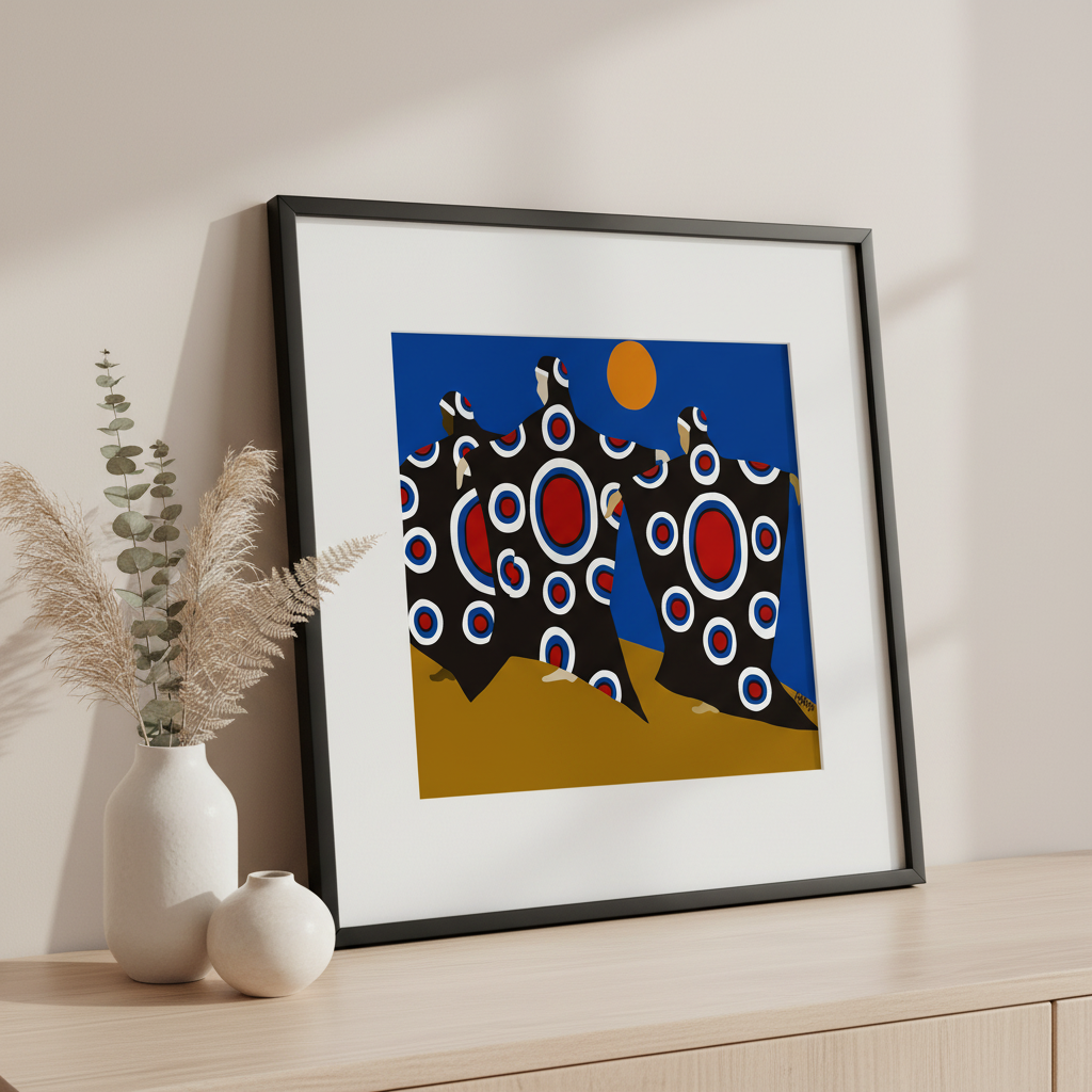 Dance of the Dougla giclee print in minimalist tabletop styling, black frame — Caribbean dance art