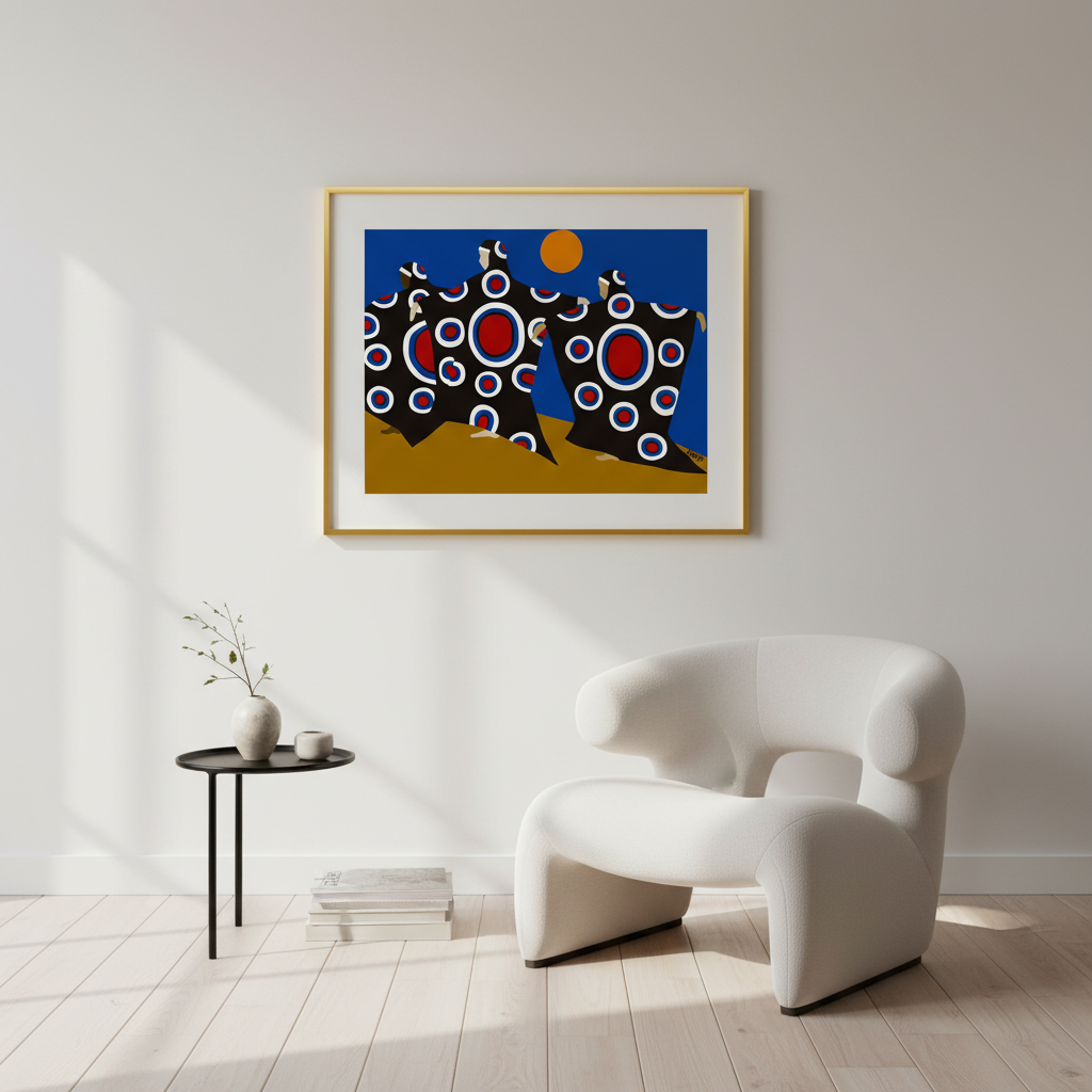 Dance of the Dougla giclee print in a modern living room, gold frame — Caribbean dance art