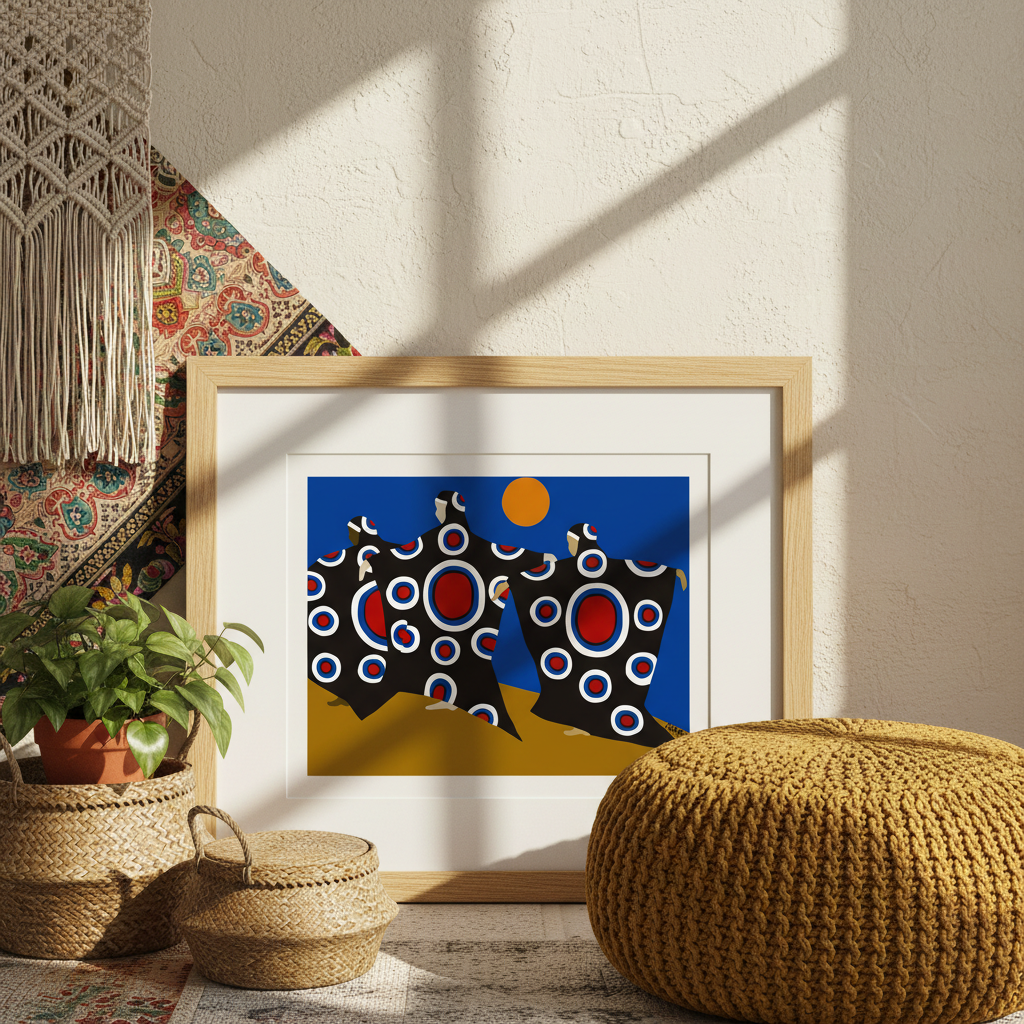 Dance of the Dougla giclee print in a sunlit boho nook, natural frame — Caribbean dance art