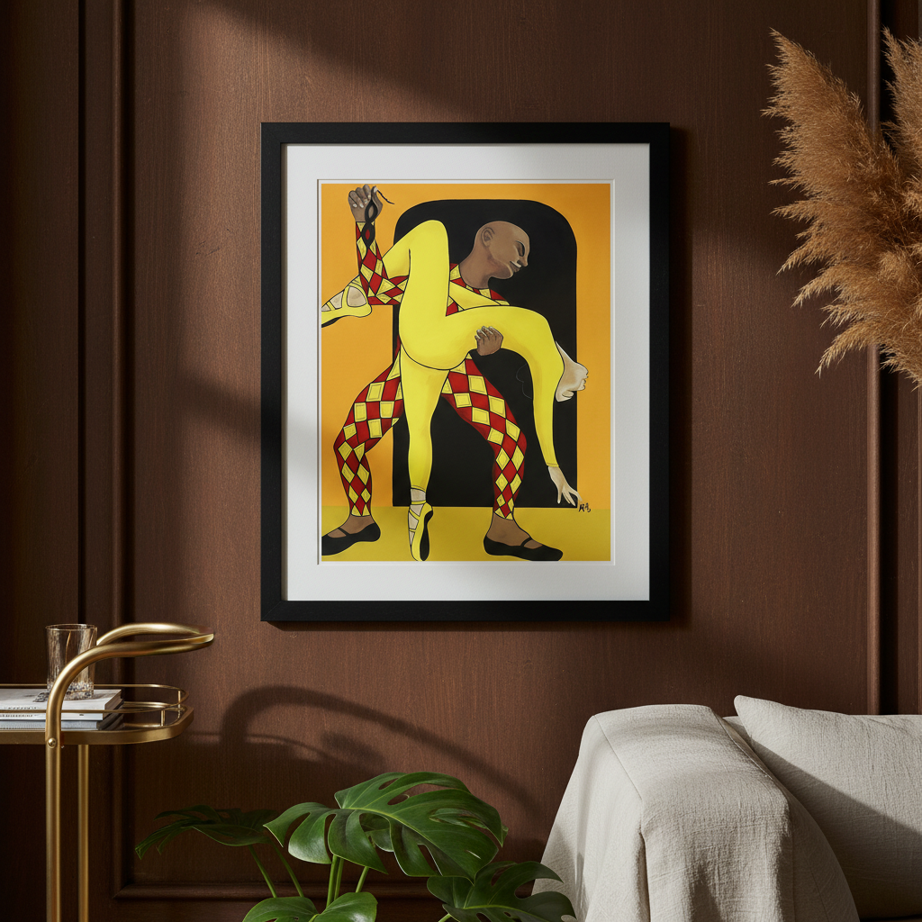 Dance of the Harlequin framed giclee print in black frame, wall-hung display — Black ballet dance art
