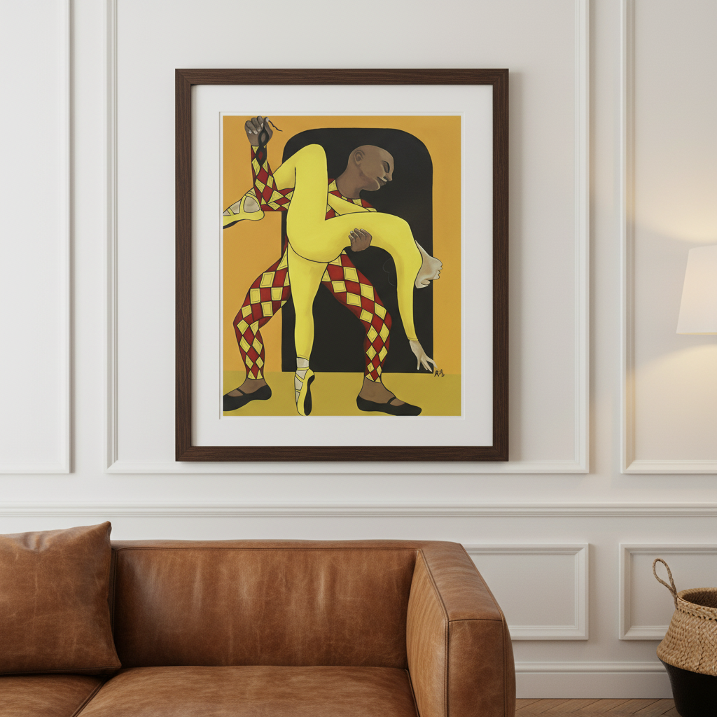 Dance of the Harlequin framed giclee print in espresso frame, Parisian close-up styling — Black ballet dance art