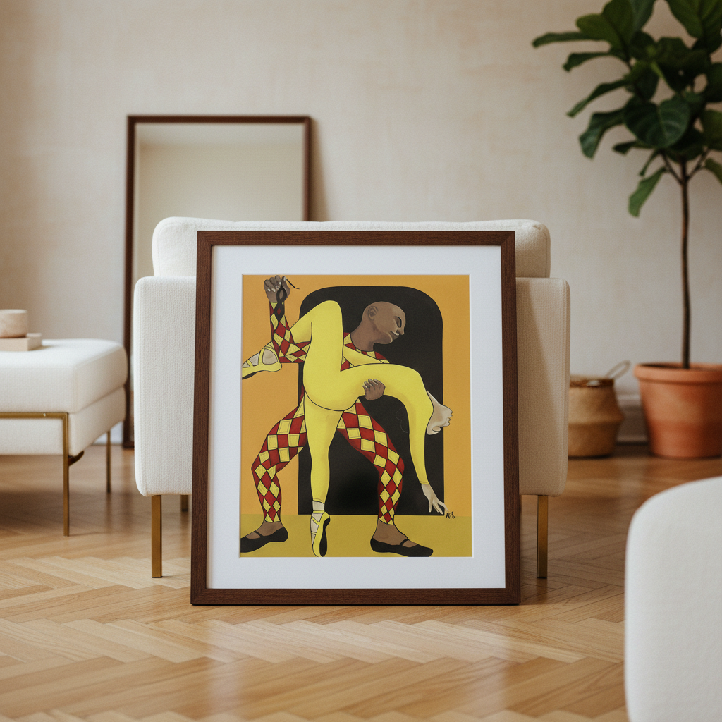 Dance of the Harlequin framed giclee print in espresso frame on a sofa — Black ballet dance art