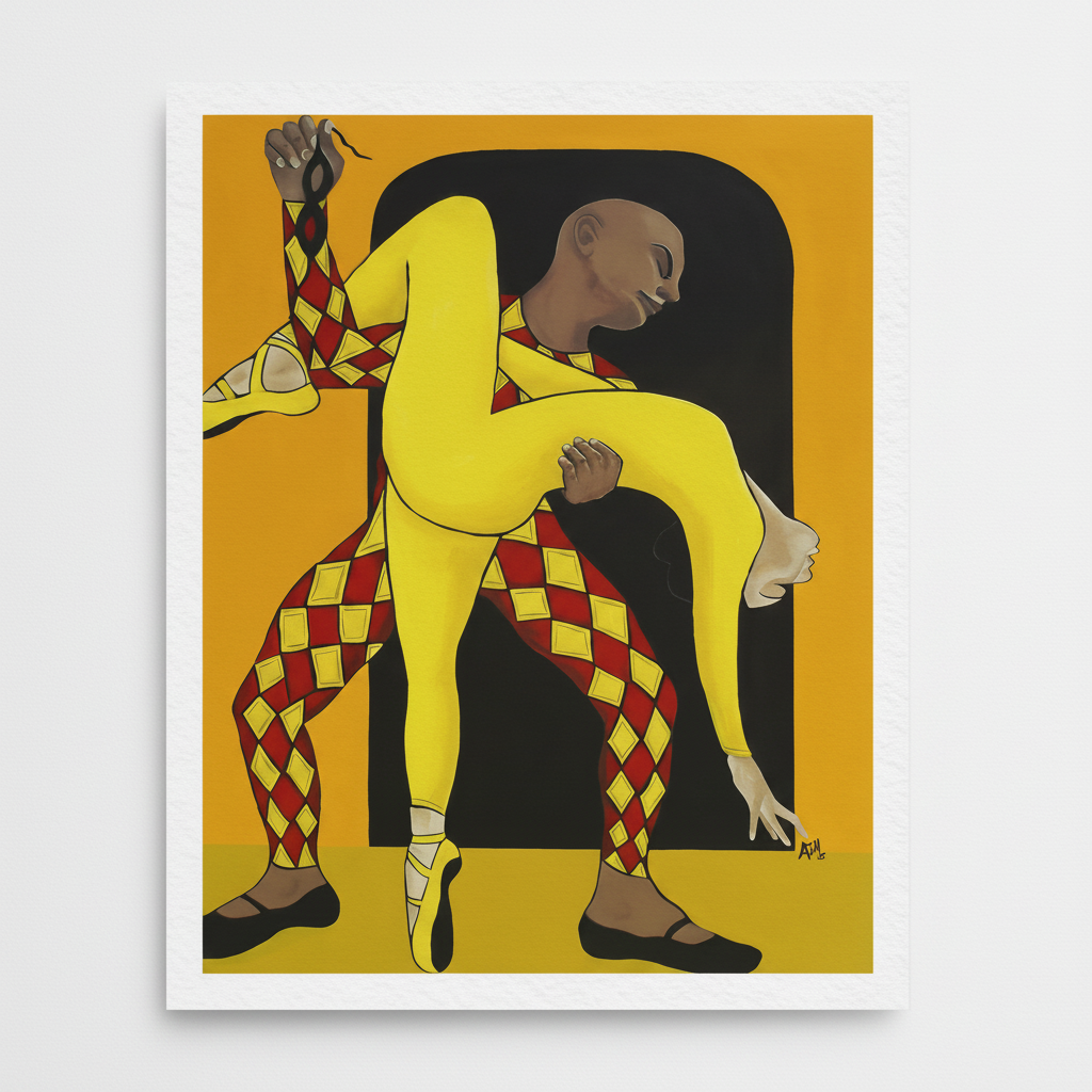 Dance of the Harlequin framed giclee print — full artwork, Black ballet dancer art
