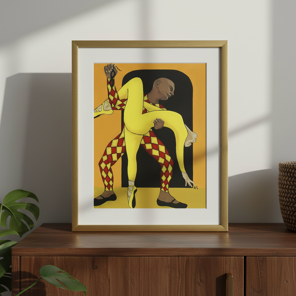 Dance of the Harlequin framed giclee print in gold frame on a credenza — Black ballet dance art