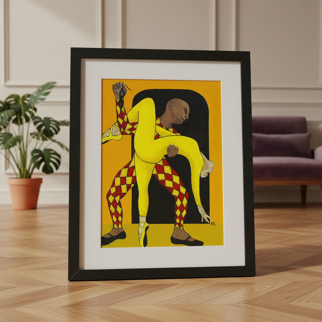 Dance of the Harlequin framed giclee print in gold frame, film-style photography — Black ballet dance art