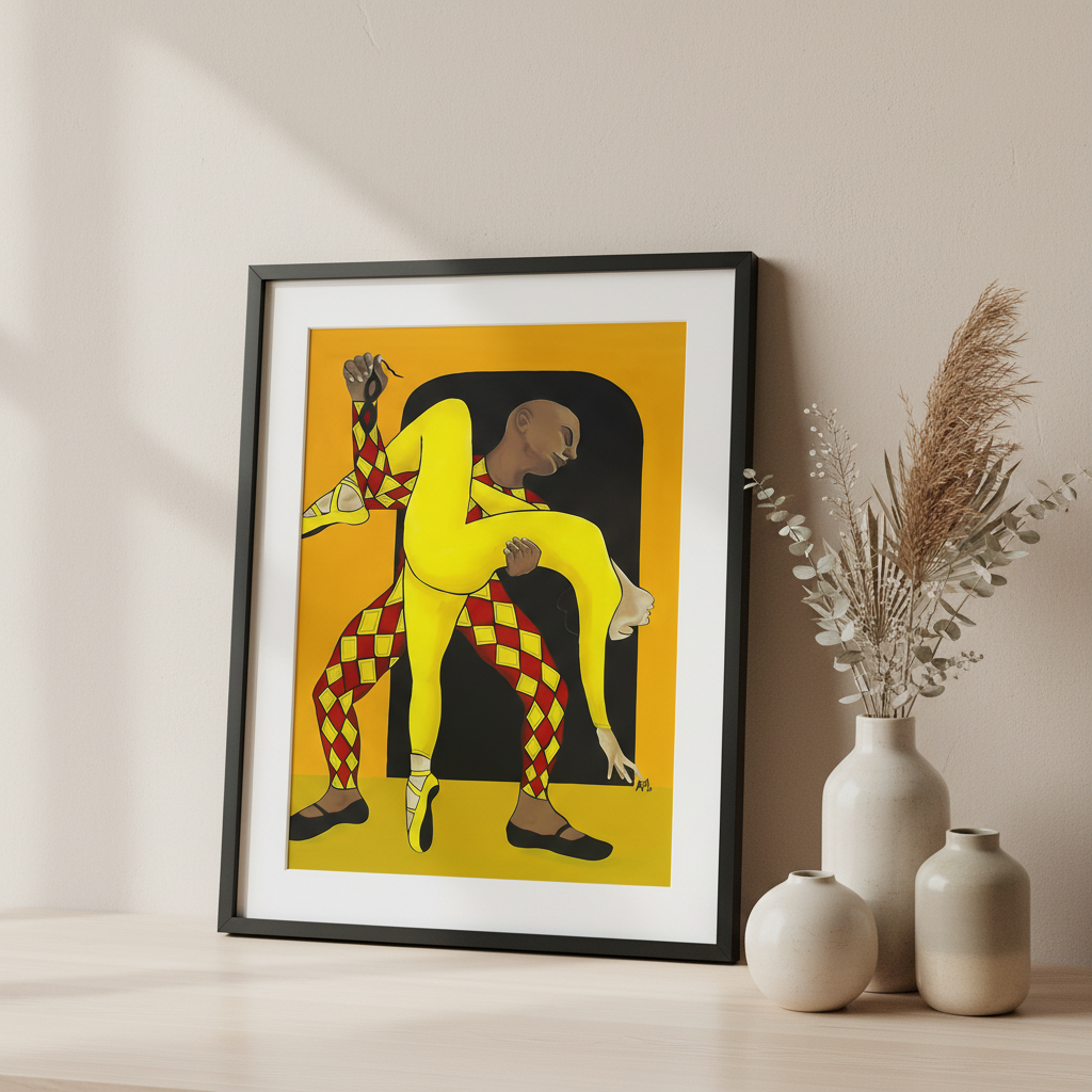Dance of the Harlequin giclee print in black frame — Black ballet couple dance art