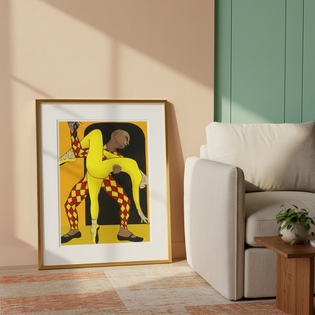 Dance of the Harlequin art print in a pastel-corner setting, gold frame — Black ballet dance art