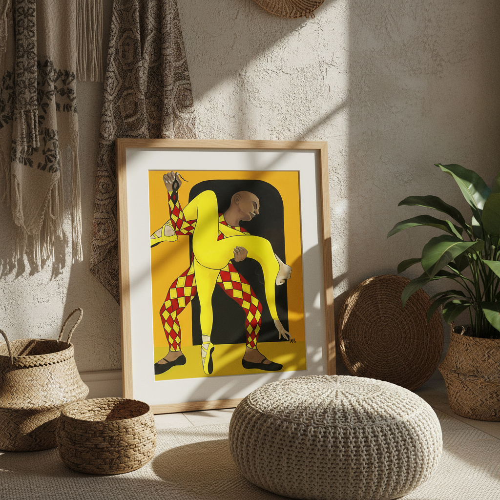 Dance of the Harlequin art print in a sunlit boho nook, natural frame — Black ballet dance art