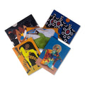 Set of five colorful dance themed african american greeting cards with artistic designs.