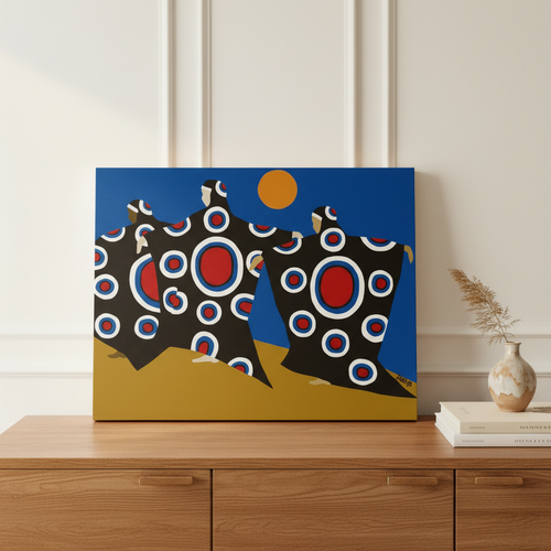 Dance of the Dougla canvas print on wood sideboard — Afro-Caribbean heritage canvas art