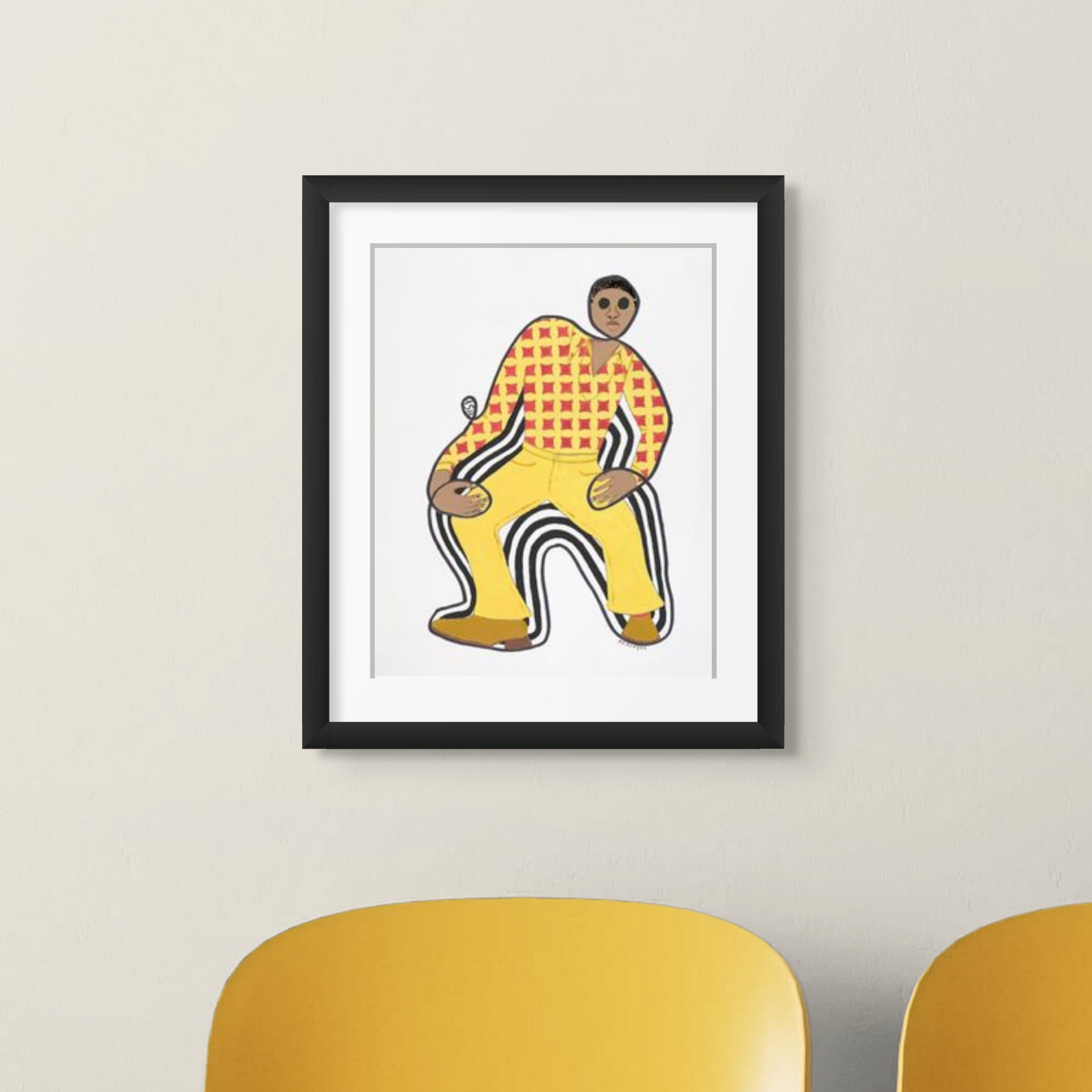 Disco Dan continuous line print hung above a yellow chair — Black retro fashion art