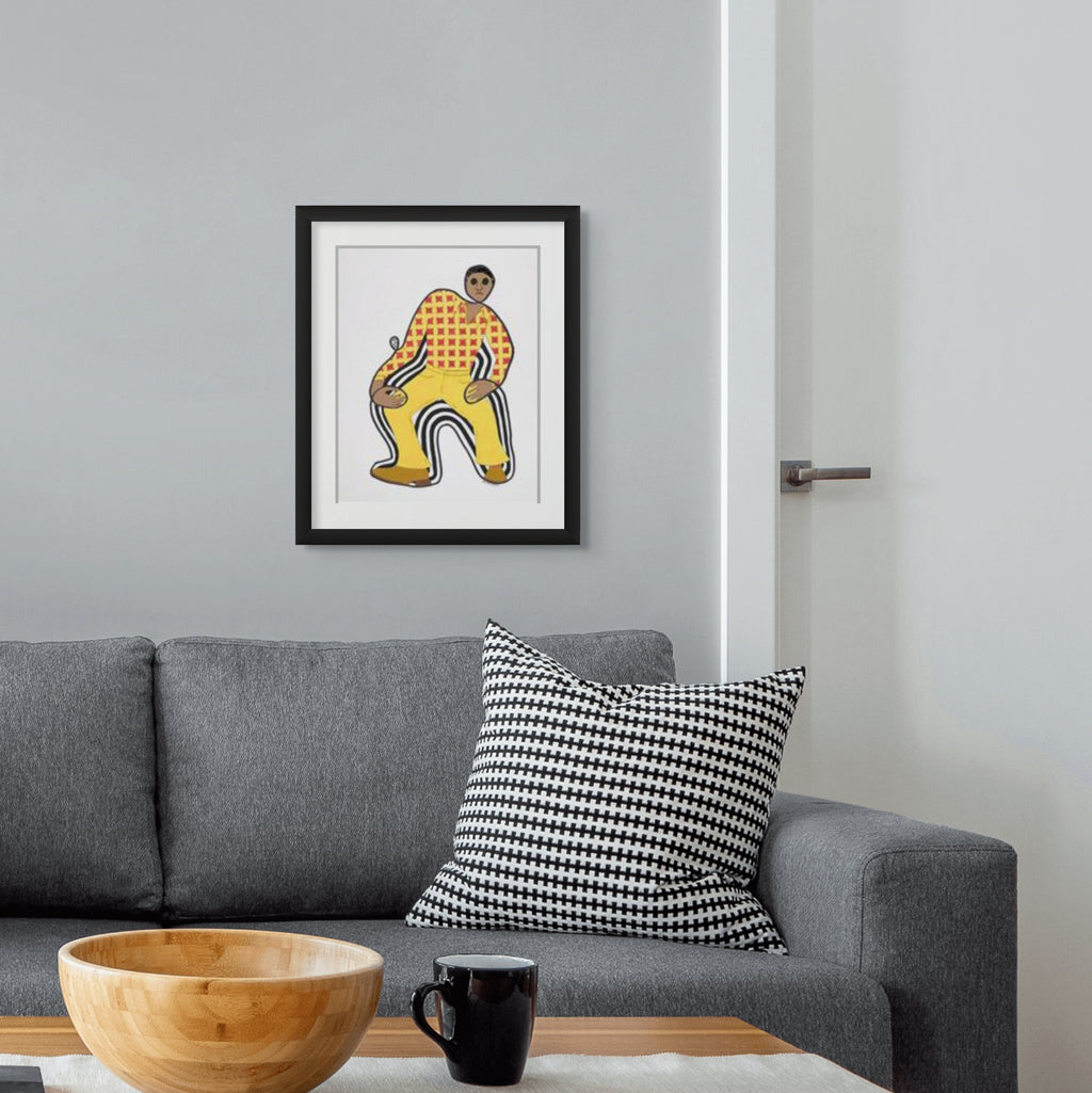Disco Dan continuous line print framed in black — Black retro fashion art
