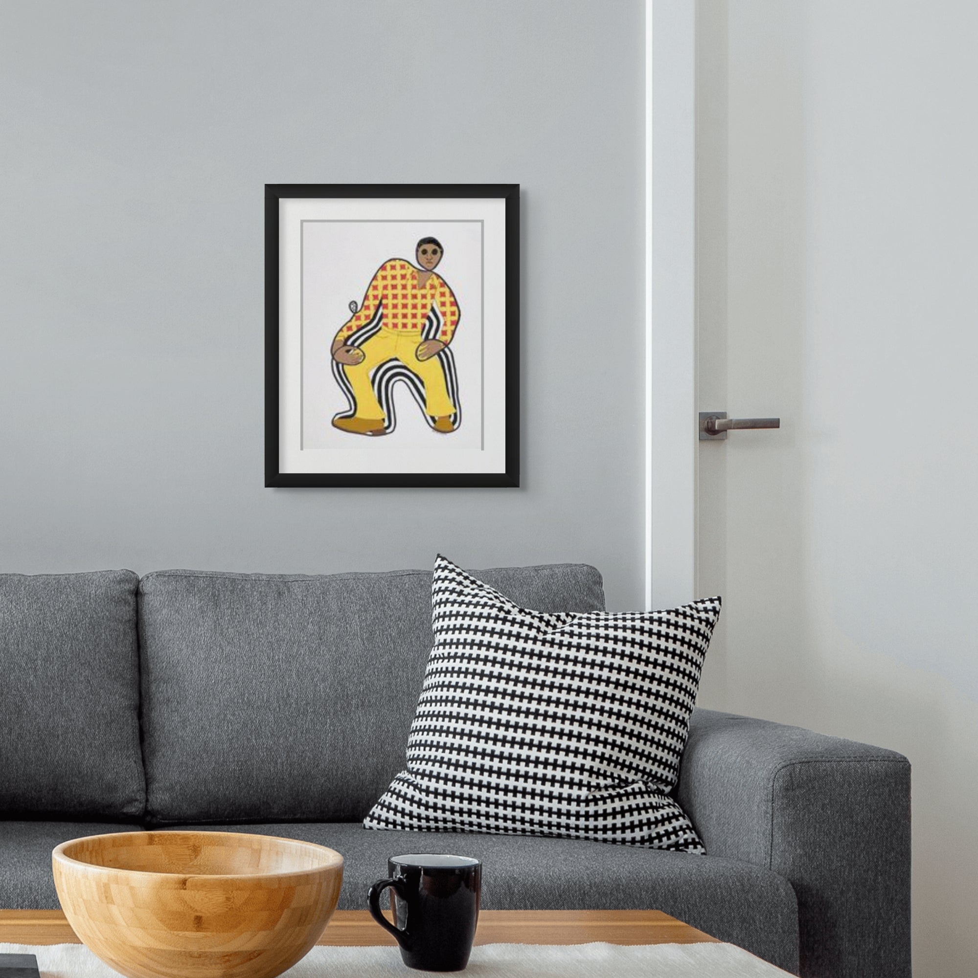 Disco Dan continuous line print framed in black — Black retro fashion art