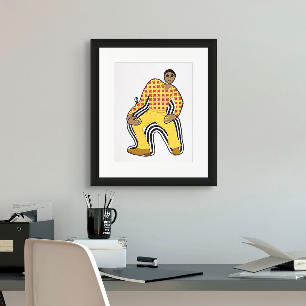 Disco Dan continuous line print hung, framed in black — Black retro fashion art