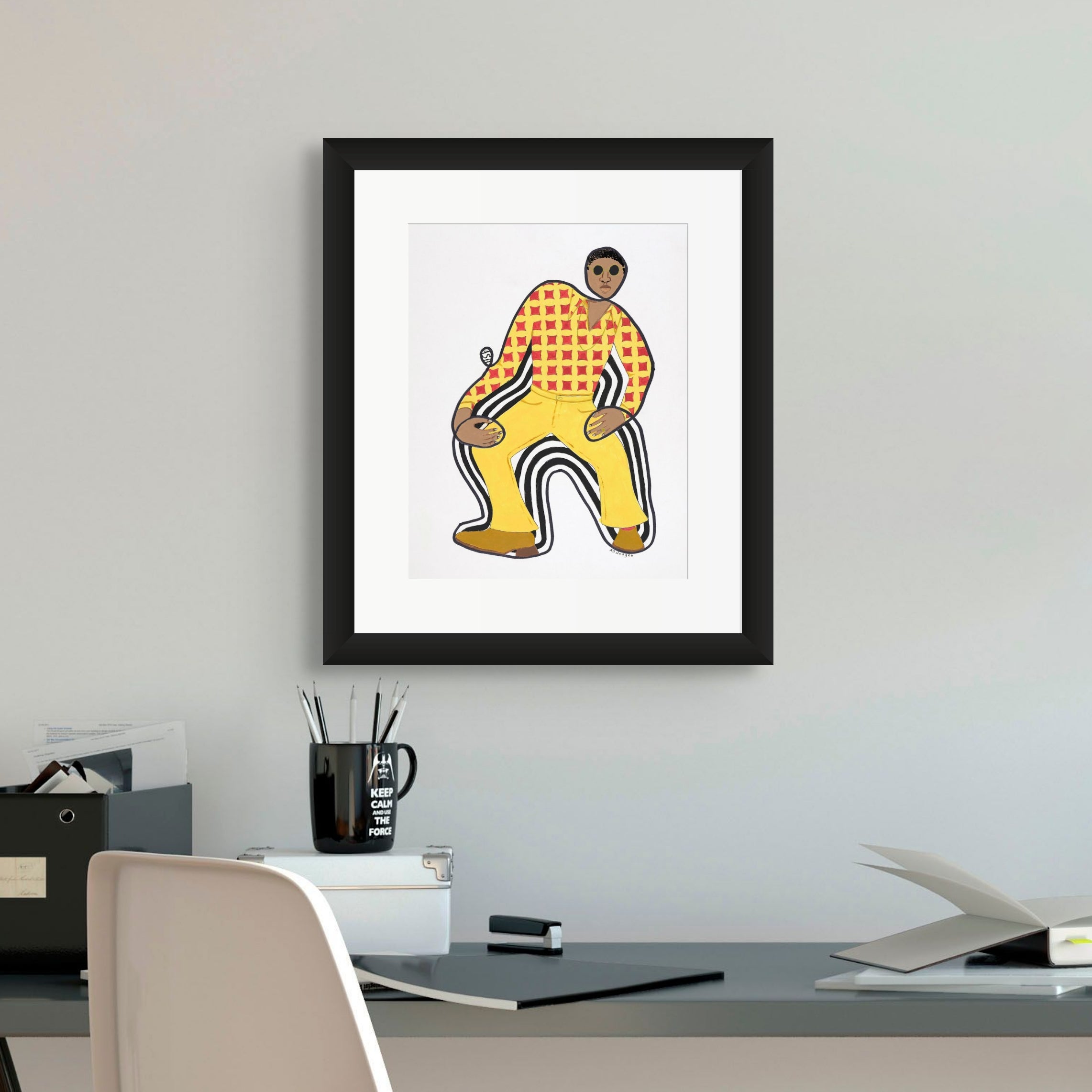 Disco Dan continuous line print hung, framed in black — Black retro fashion art
