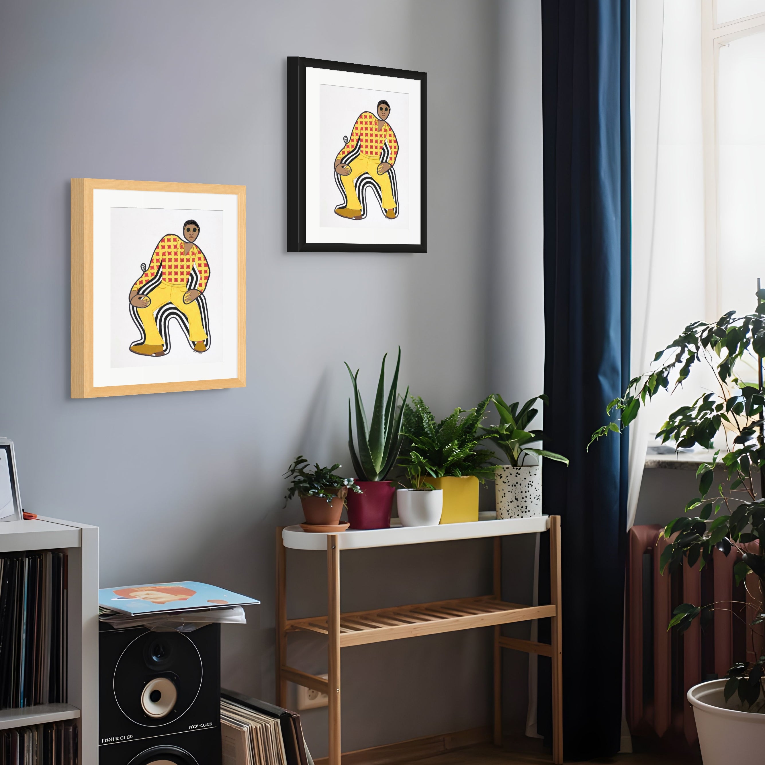 Disco Dan continuous line print, black and oak framed options — Black retro fashion art