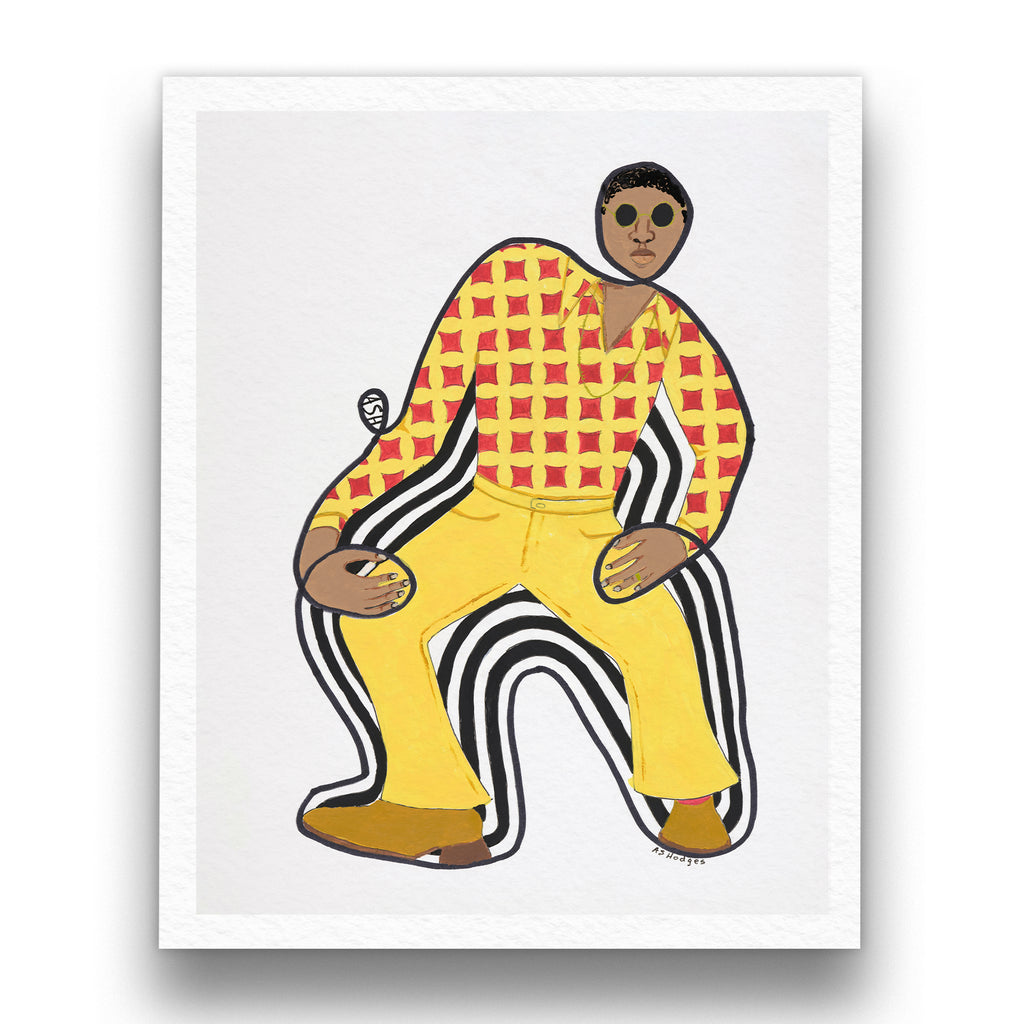 Disco Dan continuous line print — lifestyle view, Black retro fashion art by Antionette Simmons Hodges