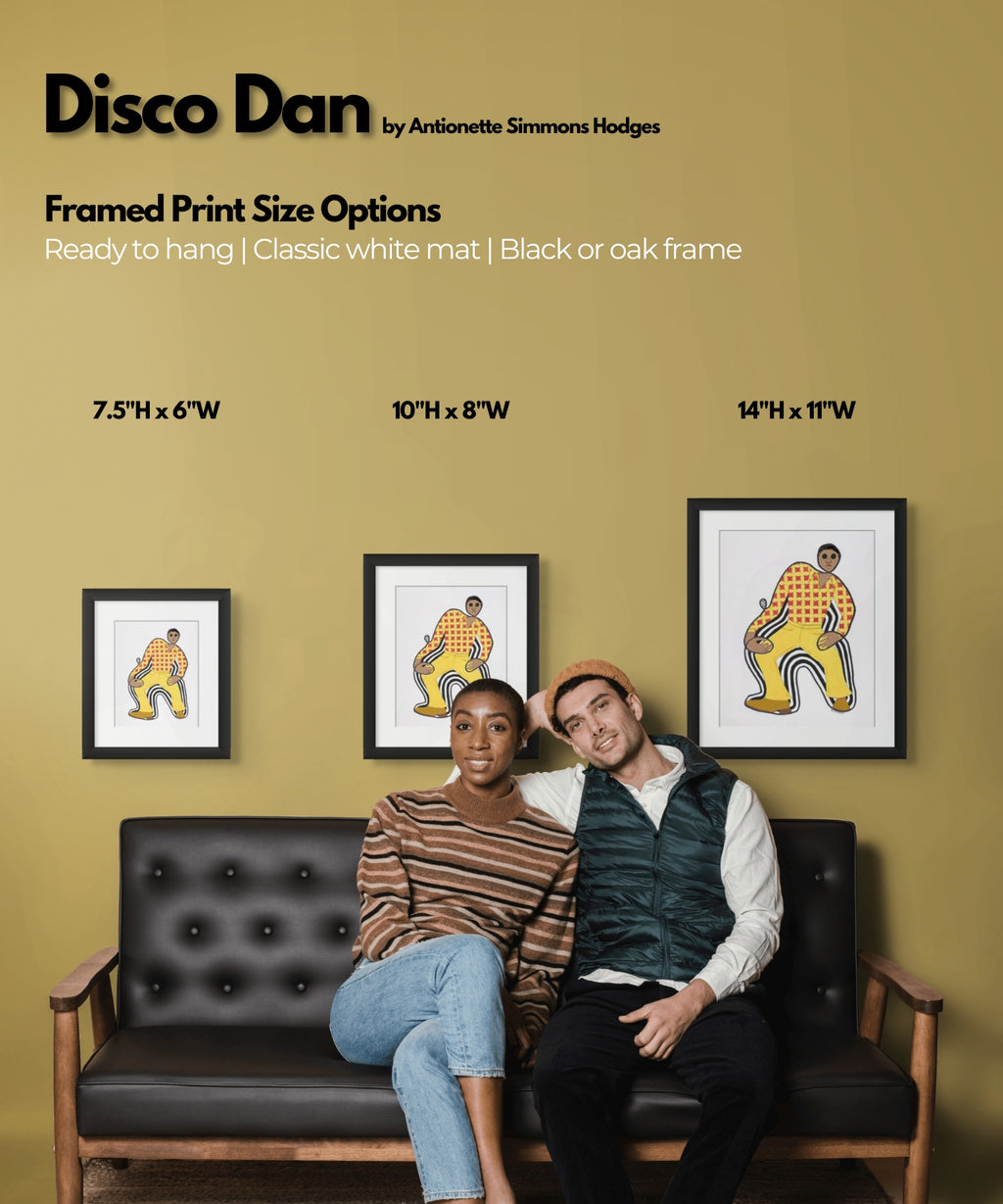 Disco Dan continuous line print, scale of 3 framed print sizes — Black retro fashion art
