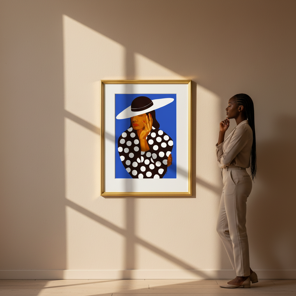 Diva giclee print, editorial shot with viewer for scale, gold frame — Black woman fashion art