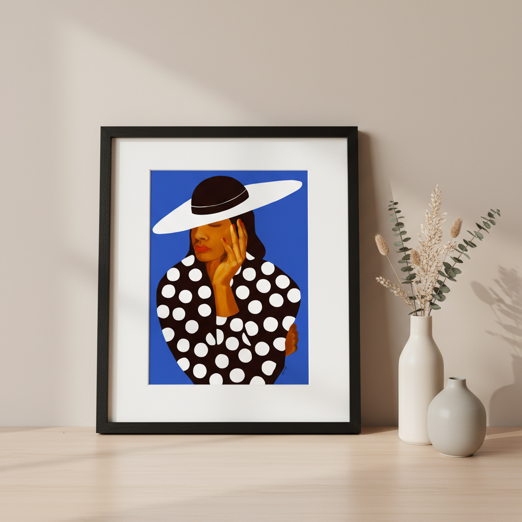 Diva giclee print in minimalist tabletop styling, black frame — Black woman polka dot fashion art