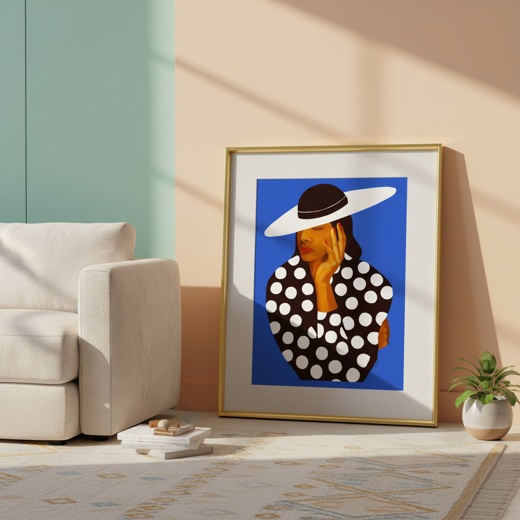 Diva giclee print in a pastel-corner setting, gold frame — Black woman fashion art