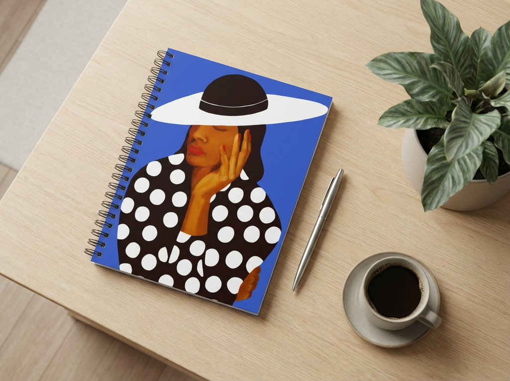 Black and White Polka Dot Spiral Notebook | African American Woman Art, Ruled Journal, 6"x8"