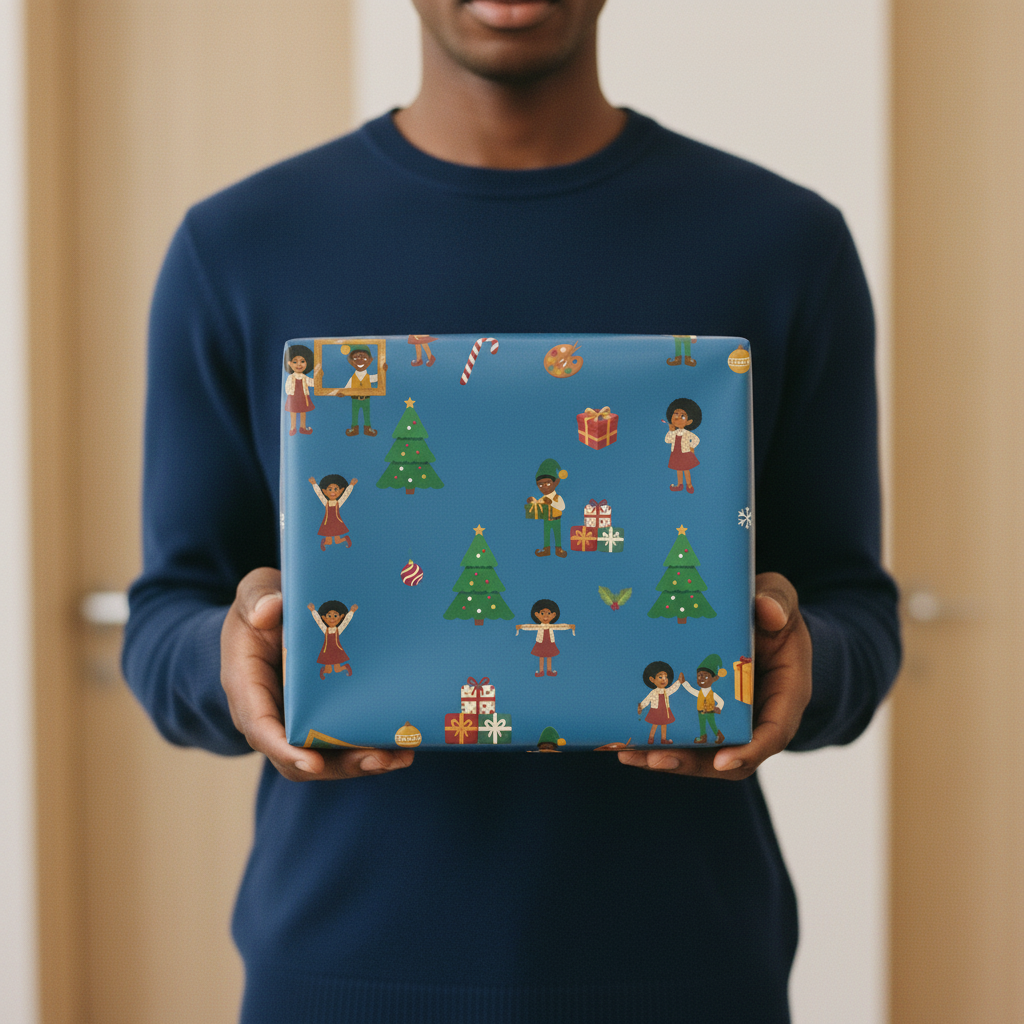 Ellis & Noelani elves wrapping paper, Blue, wrapped gift