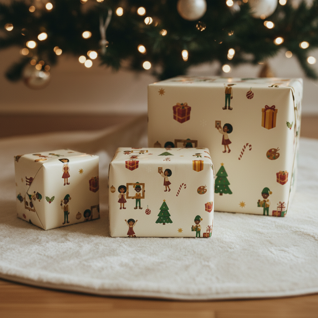 Ellis & Noelani elves wrapping paper, Cream, three gifts