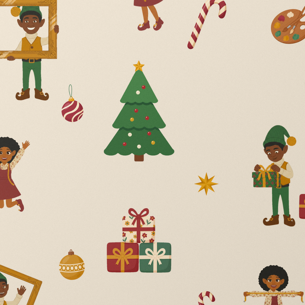 Ellis & Noelani elves wrapping paper, Cream
