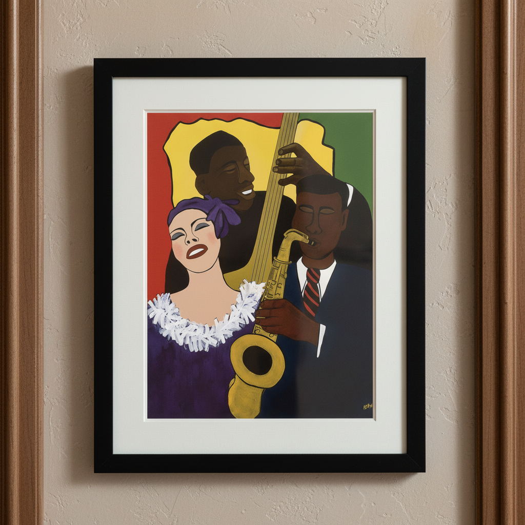 Feelin' the Rhythm framed giclee print in black frame, studio lighting — Black jazz trio art