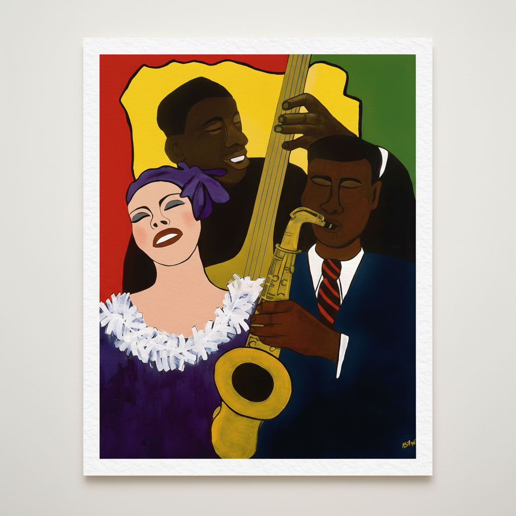 Feelin' the Rhythm framed giclee print — full artwork, Black jazz trio art