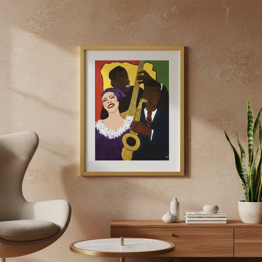 Feelin' the Rhythm framed giclee print in gold frame, earth-tone film styling — Black jazz trio art