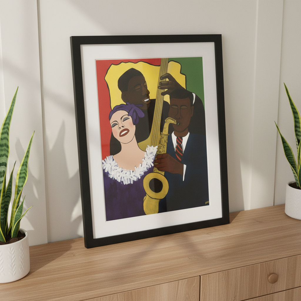 Feelin' the Rhythm framed giclee print, overhead credenza shot — Black jazz trio art