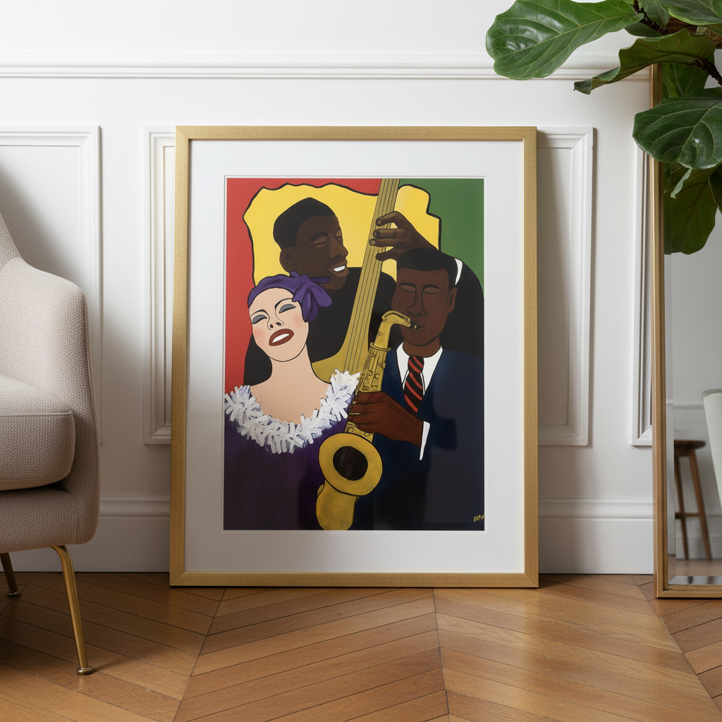 Feelin' the Rhythm framed giclee print in a Paris-styled reading nook, close-up lean — Black jazz trio art