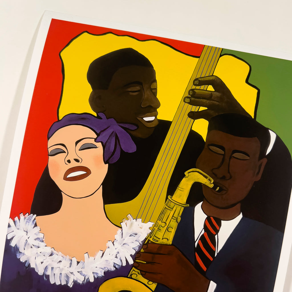 Feelin' the Rhythm giclee print — full artwork, Black jazz musicians art by Antionette Simmons Hodges