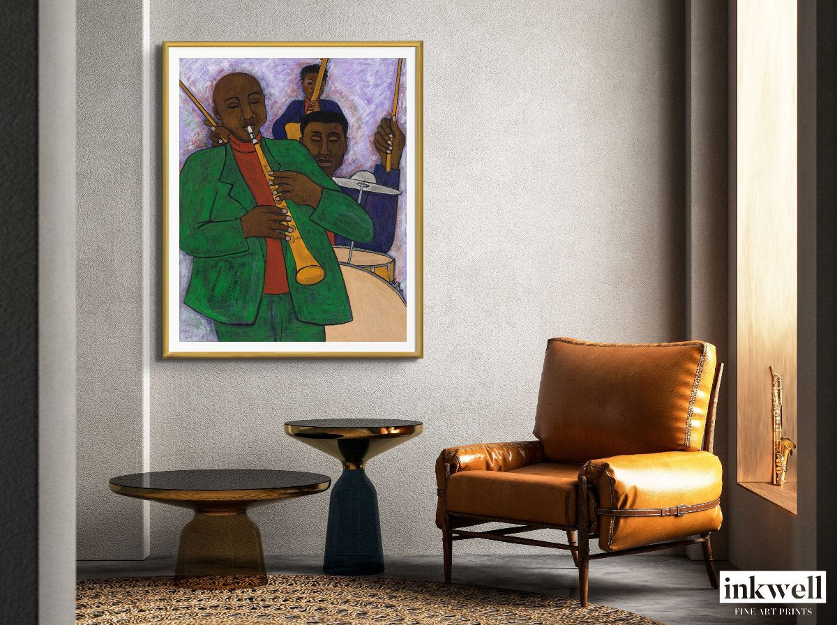 'the Three Musicians' art on paper: Three jazz players with elongated forms and expressive brushstrokes, in vibrant hues against a subtle lavender background.