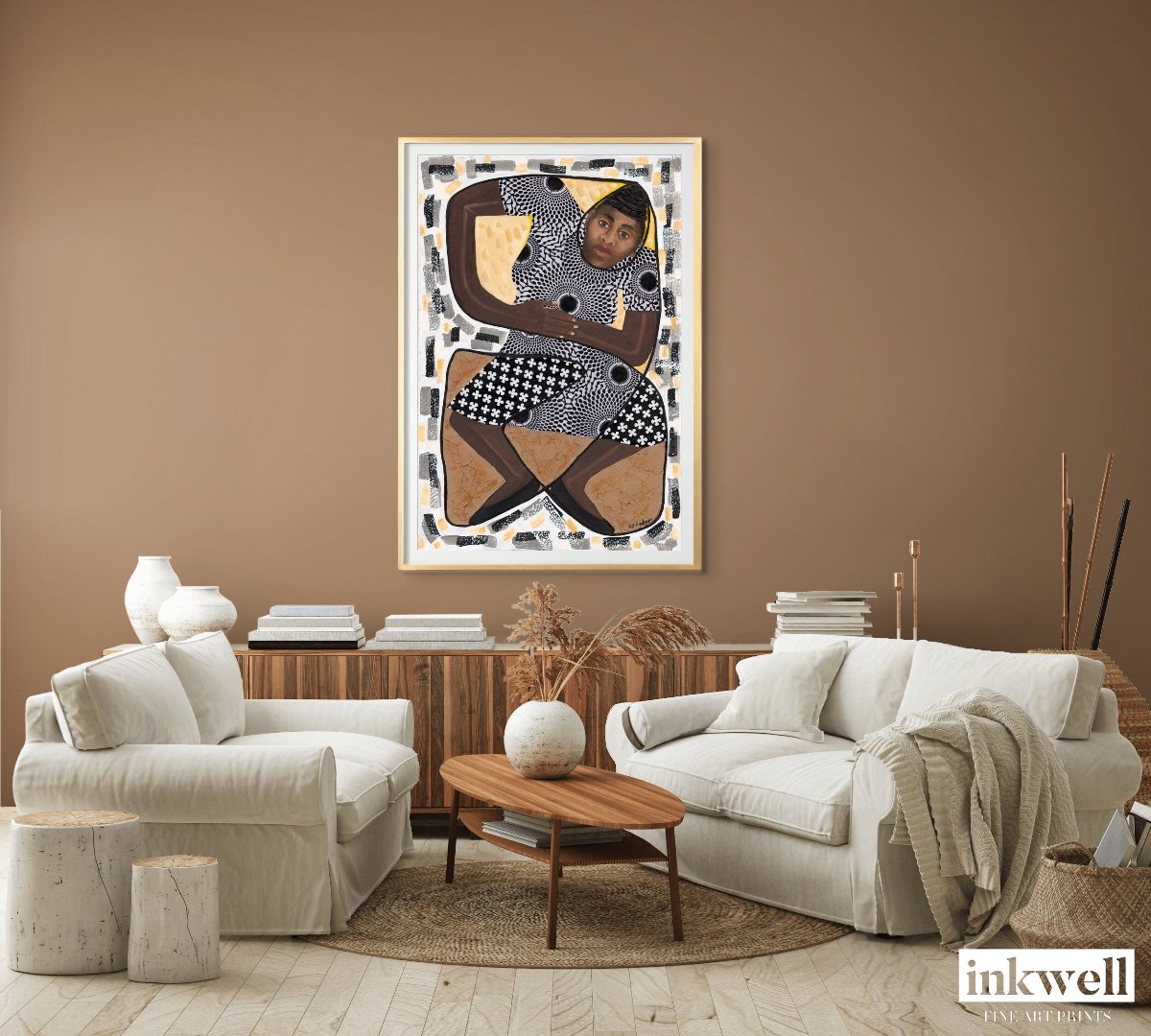 'How Low Can You Go?' art print: Stylized figure in a limbo dance pose with rich brown hues and black patterning, set against an abstract background of dot patterns and floral motifs, showcased in a modern living room with 2 comfy love seats and wood cabinet and coffee table