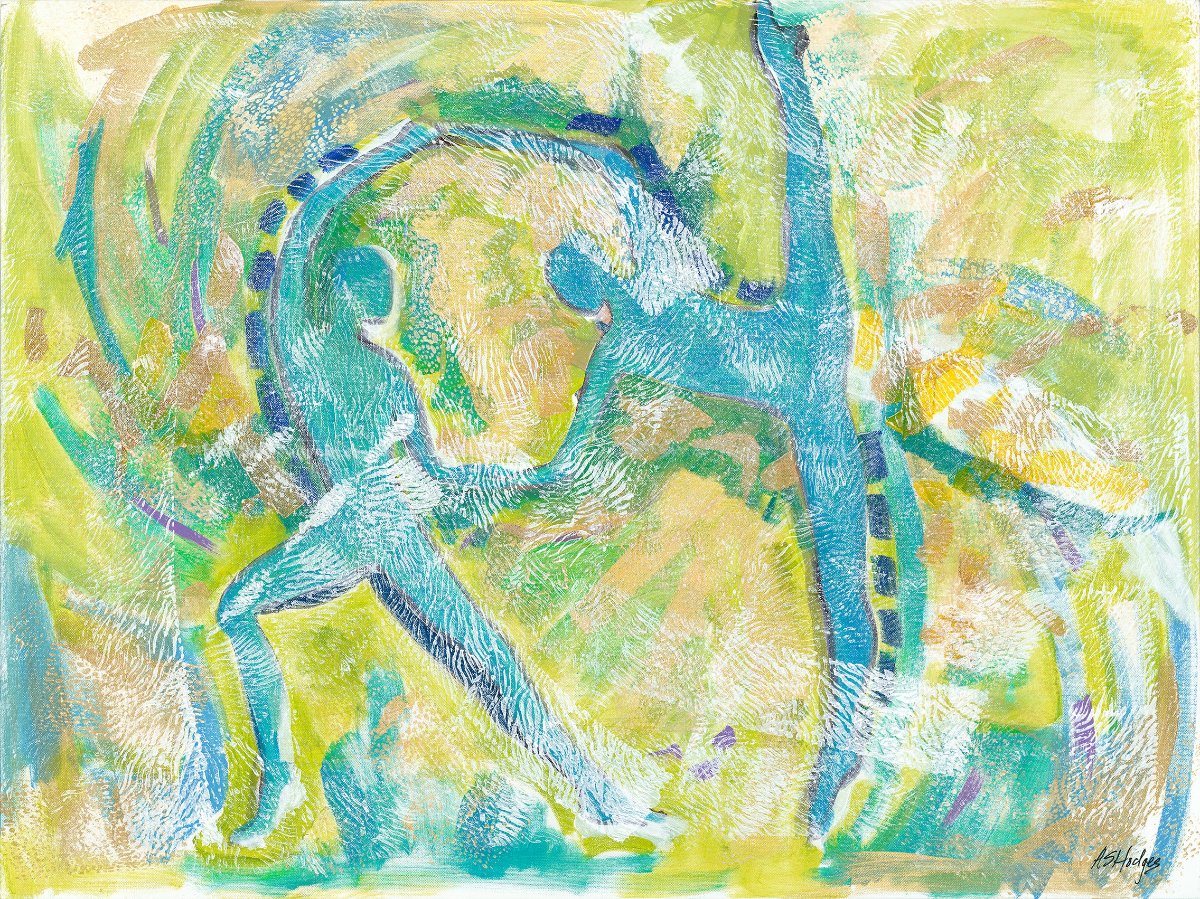 'Motion in Teal' art print: Abstract expressionist painting with swirling teal tones blended with lime green, copper, blue, and white, capturing dynamic movement and dance, featuring abstract dancer forms emerging from the brushstrokes.