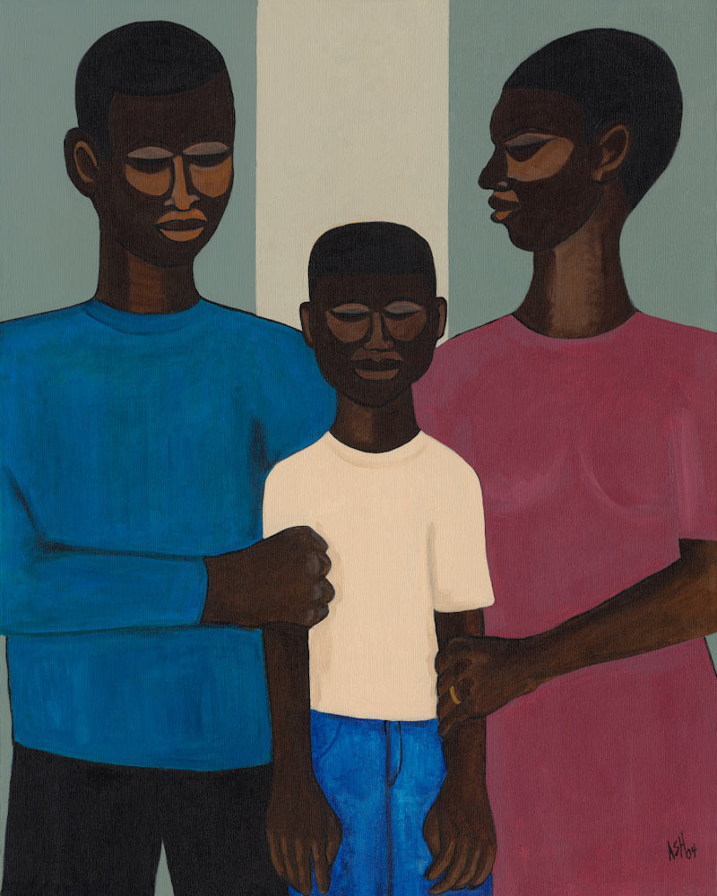 'The Family' art print: Black family in a solemn pose, featuring simplified expressions and embracing figures, conveying deep familial bonds.