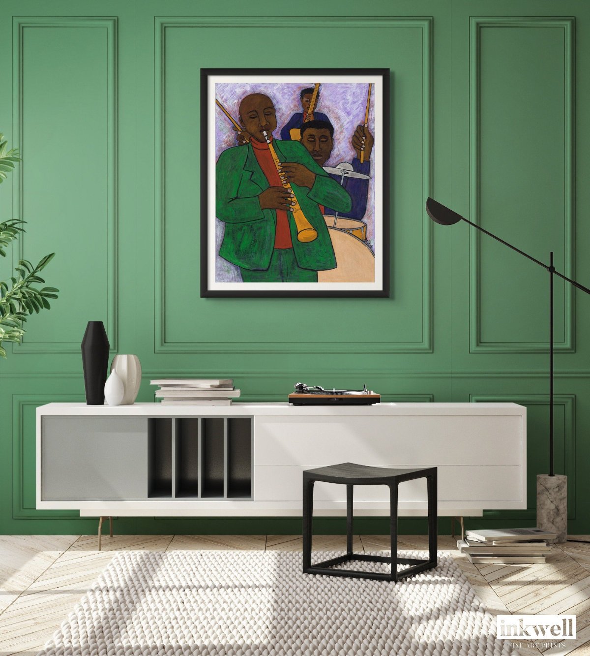 'the Three Musicians' print on paper: Artistic representation of a jazz trio, with stylized figures playing flute, drums, and cello, showcasing improvisational energy.