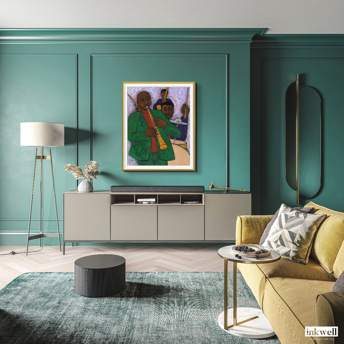 'the Three Musicians' fine art print: Jazz musicians depicted with elongated forms and vivid colors, set against a soft lavender backdrop on high-quality paper.