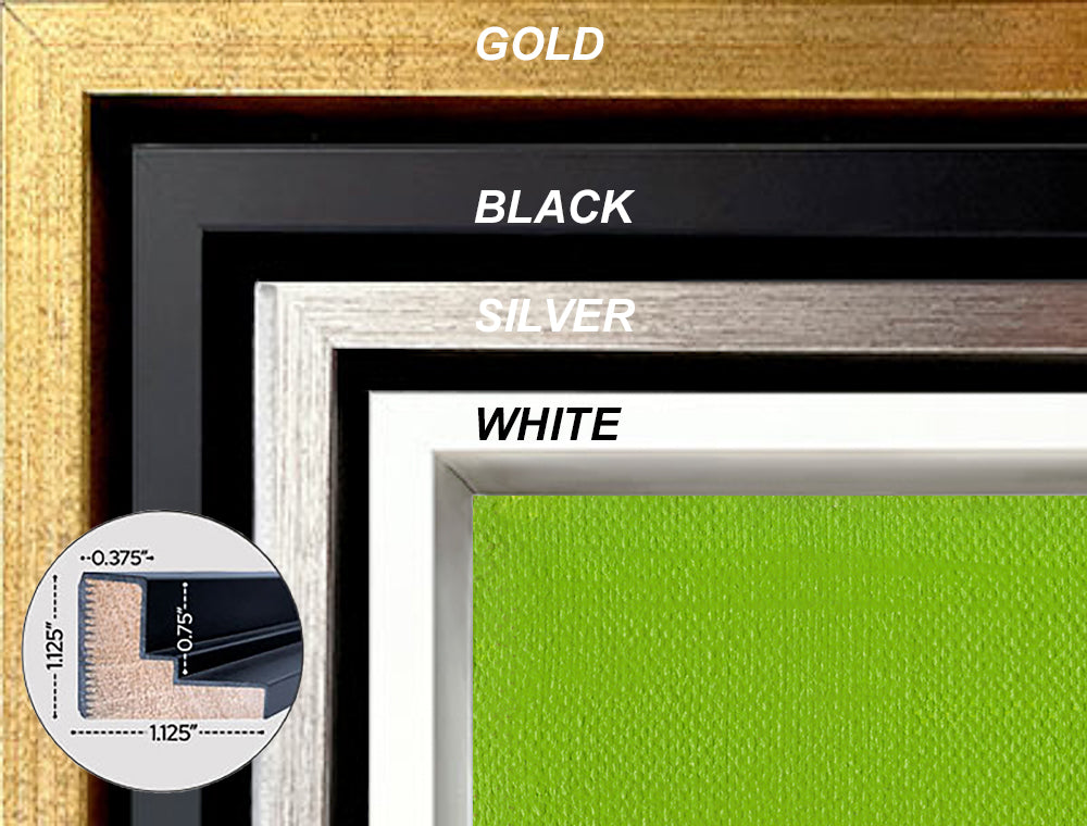 swatches showing gold, black, silver, white, wood frame choices.