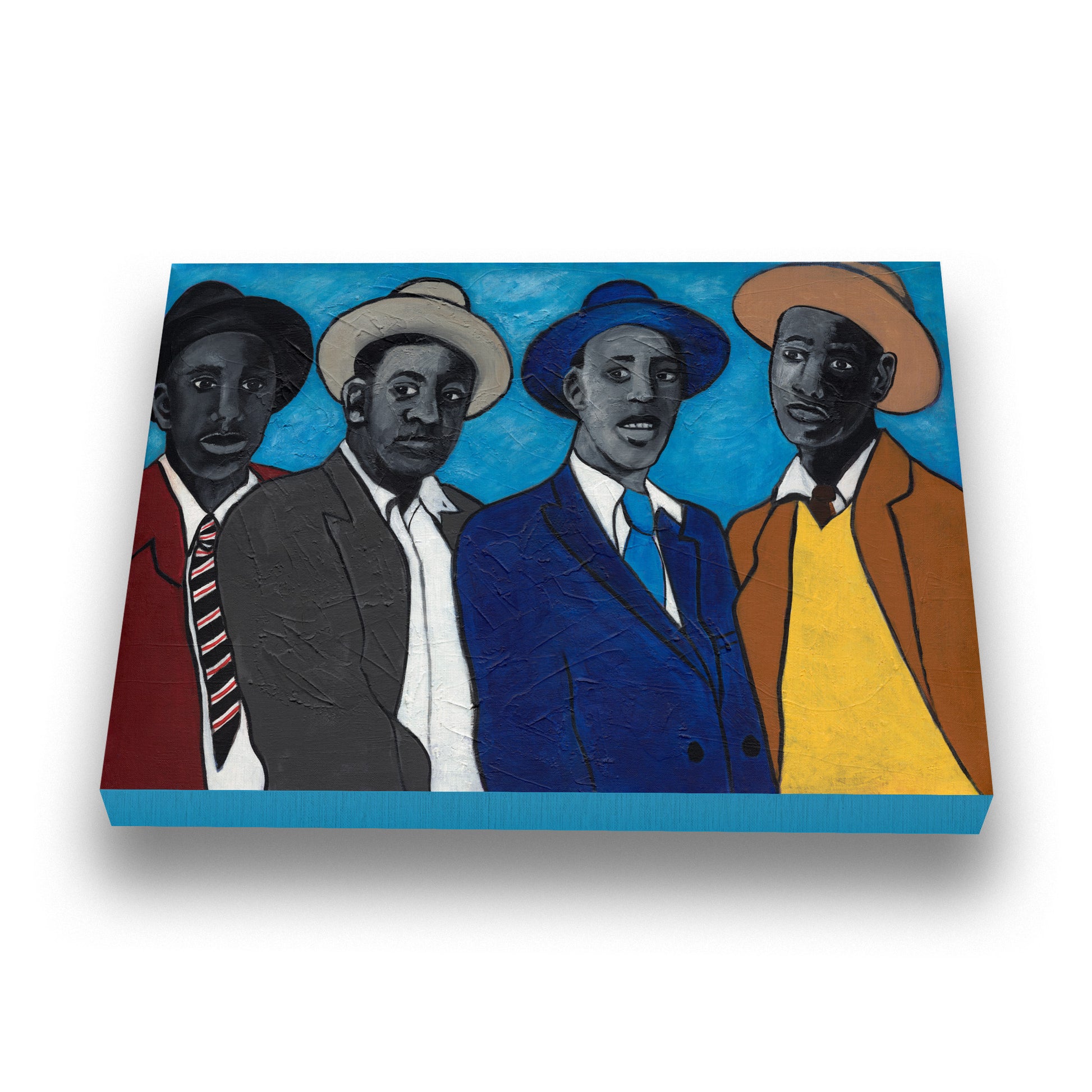 Stretched canvas print titled 'Four Guys' by Antionette Simmons Hodges. This artwork features four African American men in vintage-style suits and hats, exuding confidence and elegance. The figures are set against a vivid blue background, with each man displaying distinct expressions and attire, including dark, light, blue, and tan suits. The painting celebrates African American culture and camaraderie with bold colors and expressive brushwork.