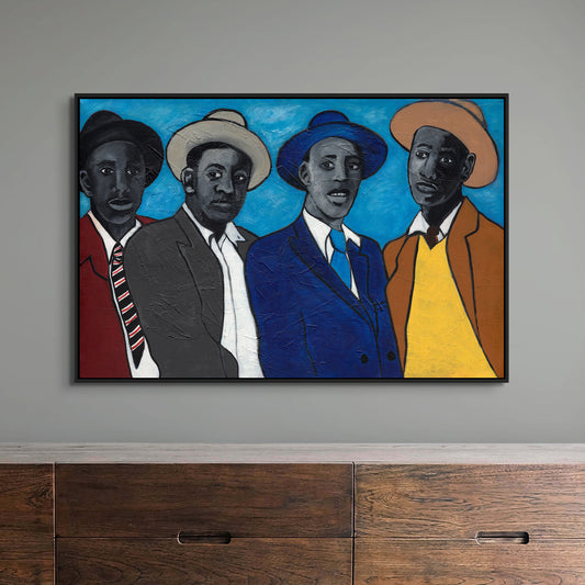 Four Guys framed canvas print by Antionette Simmons Hodges. Depicts four stylishly dressed men in vintage suits against a vivid blue background, celebrating African American camaraderie and fashion. Black Dandy Art