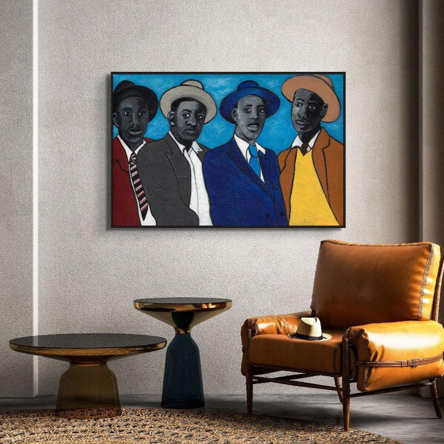 Four Guys Framed Stretched Canvas Print framed in black wood