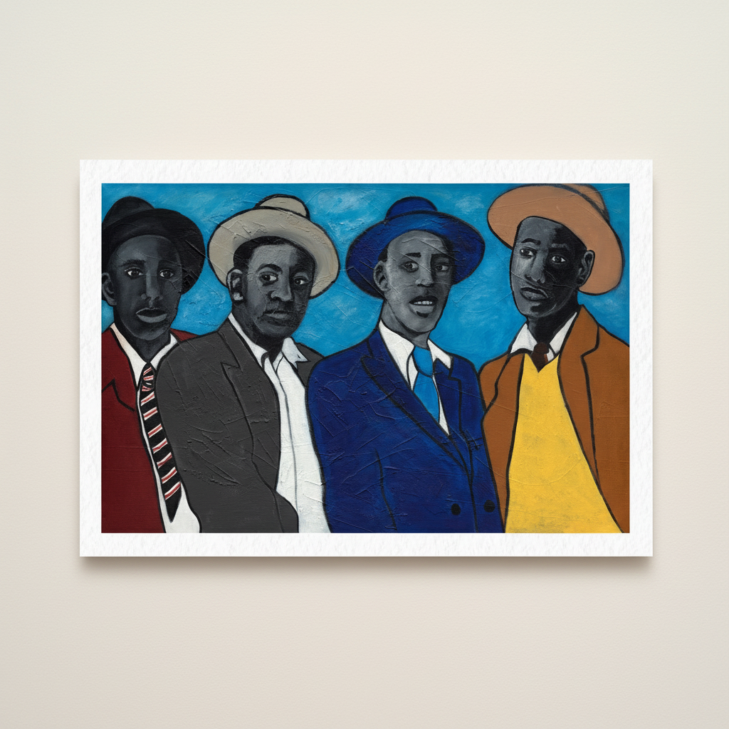 Four Guys framed giclee print — full artwork image, Black dandyism fashion art by Antionette Simmons Hodges